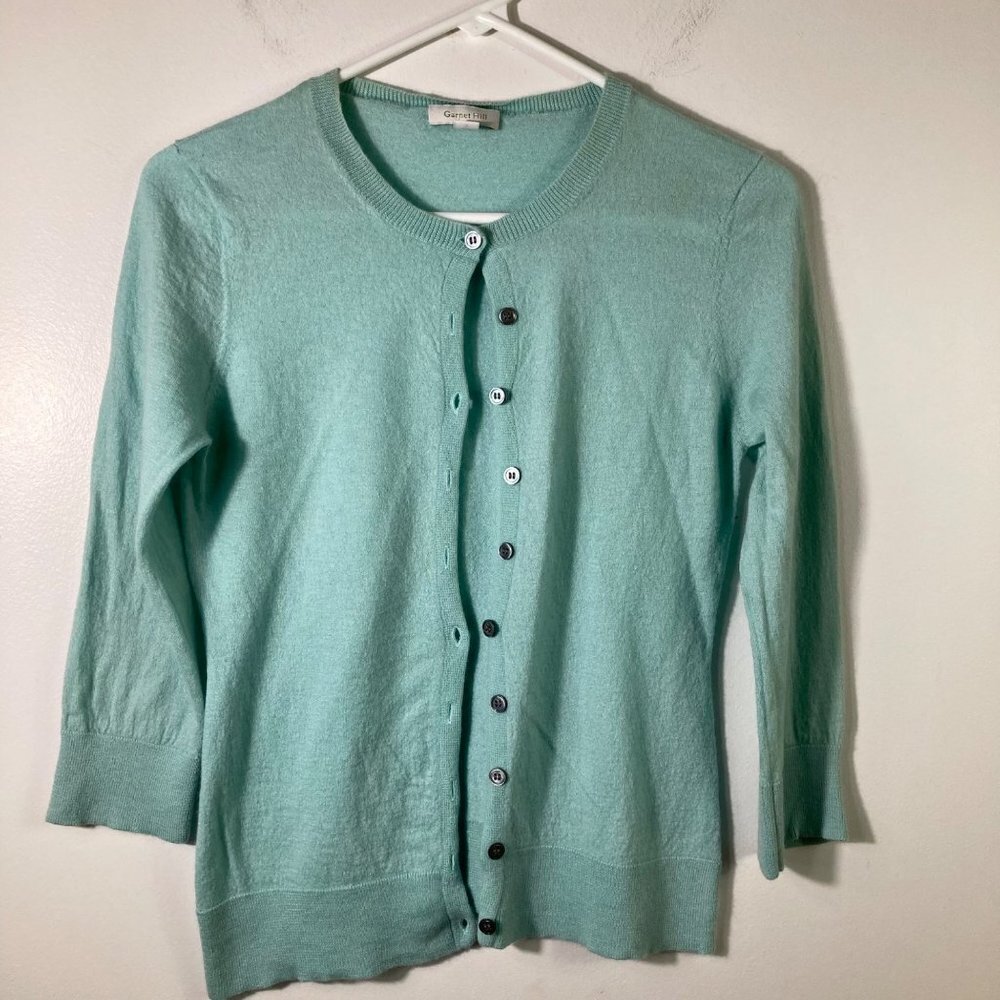 Womens Garnet Hill Cashmere Button Cardigan 3/4 Sleeve Green S